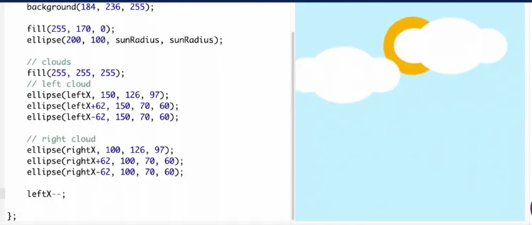 A typical exercise on Khan Academy, with the exercise material and the
student's attempt on the left; and the rendering on the right. The goal
is to modify the code so that the clouds drift
apart.